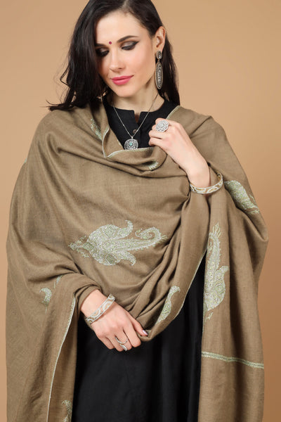Brown Pashmina bootidaar sozni  shawl