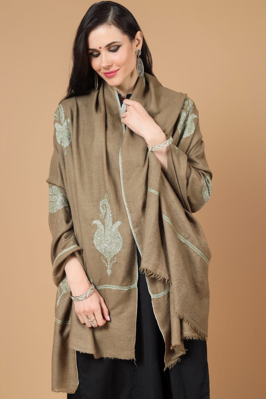 Brown Pashmina bootidaar sozni  shawl | "Pashmina | Shop Kashmiri Pashmina Shawls Online | Authentic GI Certified Handmade Pashmina Wraps and Premium Cashmere Shawls for Sale"