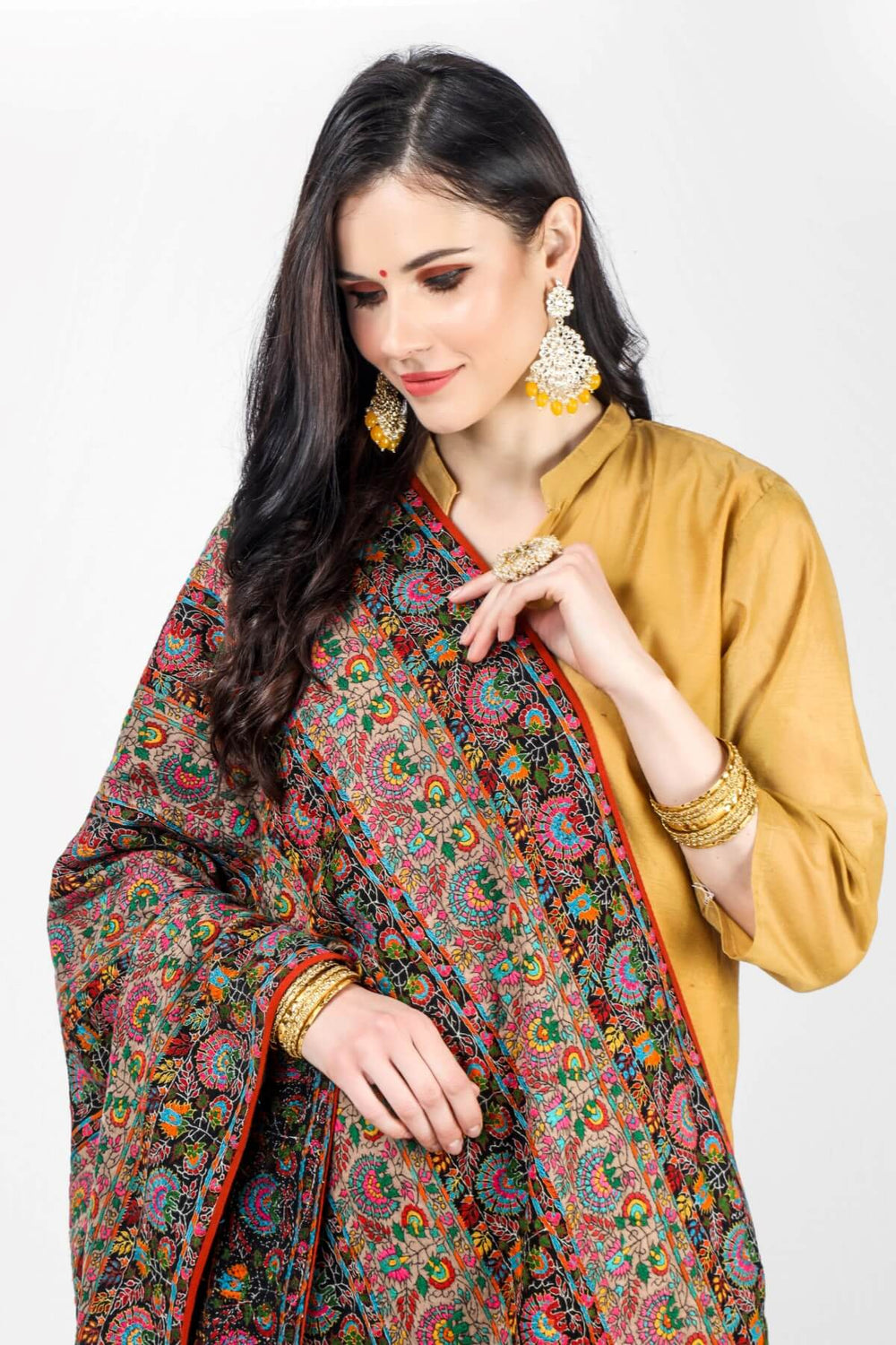 KASHMIRI SHAWL ONLINE  -Black stripped Pashmina shawl with natural and black borders with its minute detailing, intricacies, and finesse.