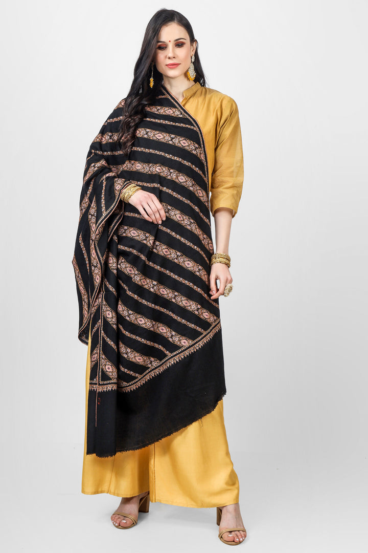Black Stripped sozni pashmina shawl Pashmina Shawl is beautified with intricacies of Sozni; beautiful in all its forms in lovely Sozni columns known as khatraas
    
      | authentic Kashmiri pashmina shawl online | pure pashmina shawl online | original GI certified pashmina shawl online | luxury men's pashmina shawl online from Kashmir | where to buy online pure pashmina in India | pashmina shawls online
    
    | GI Tag Certified - Government-verified authentic Kashmiri Pashmina
  | G20 Official Partner - Selected by India for G20 Summit gifting
  | Handicraft Registered - Official recognition of traditional craftsmanship
  | Certificate of Authenticity - Every purchase includes GI certification