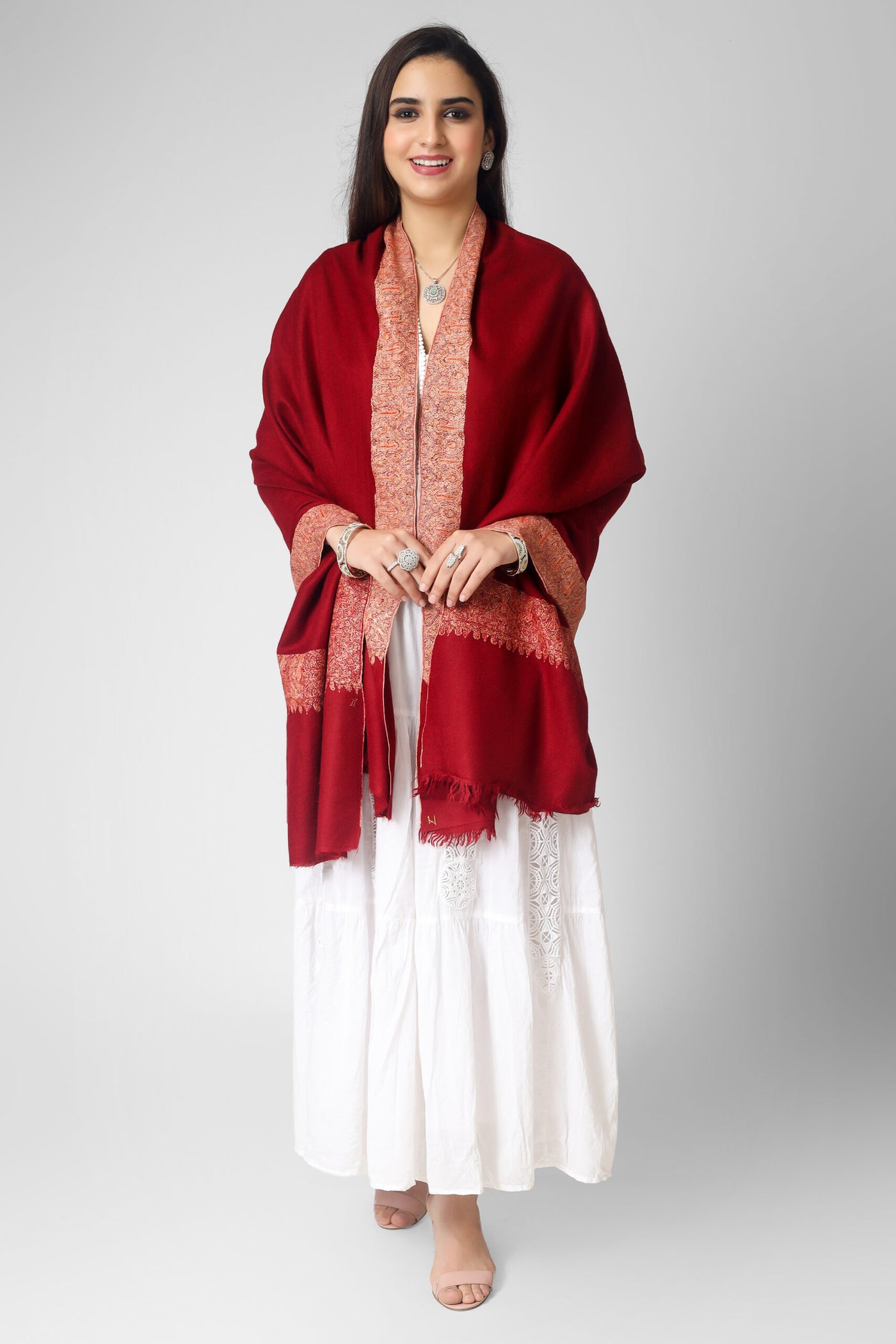 Red maroon Pashmina dourdaar sozni shawl