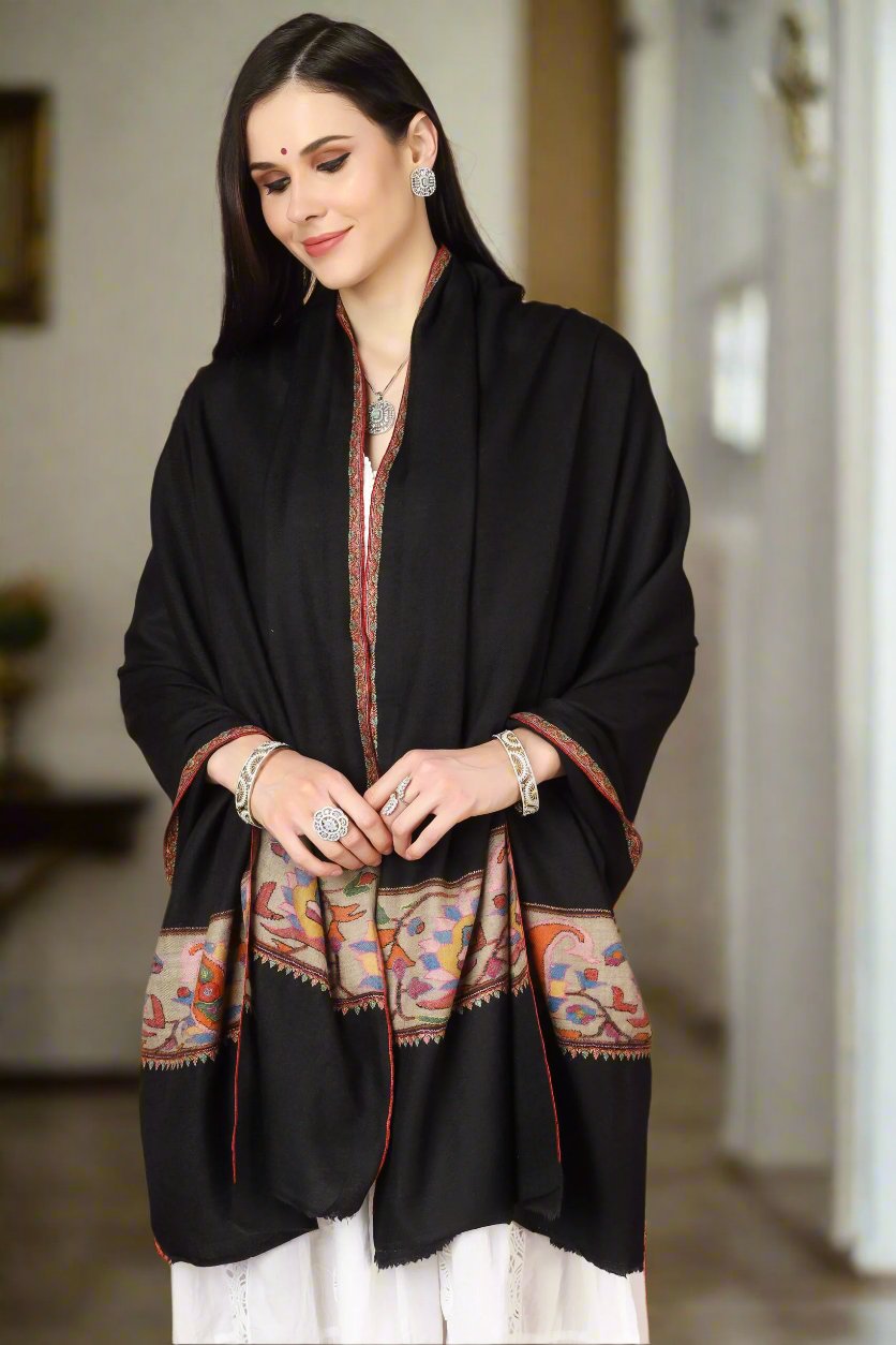 "KANI SHAWL - Black Kani Crafted in Flower Designs on the Pallas in All the Ravishing Colors of Nature is a Treasure Available Online at - CANADA - BRAZIL - GERMANY - SINGAPORE - NORWAY - INDIA - UK - AUSTRALIA - FRANCE - ITALY."