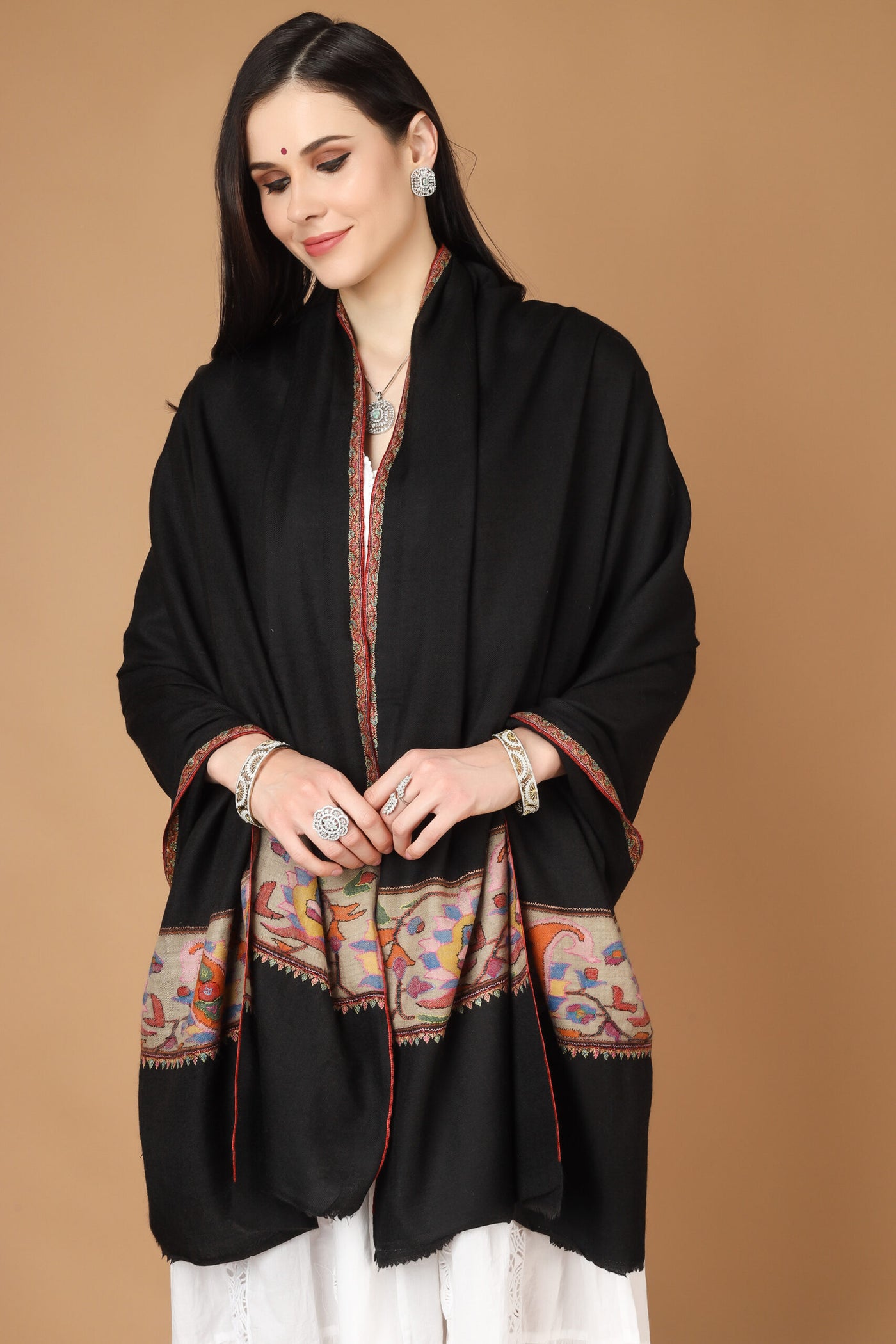 "KANI SHAWL - Black Kani Crafted in Flower Designs on the Pallas in All the Ravishing Colors of Nature is a Treasure Available Online at - CANADA - BRAZIL - GERMANY - SINGAPORE - NORWAY - INDIA - UK - AUSTRALIA - FRANCE - ITALY."
