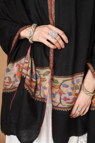 "KANI SHAWL - Black Kani Crafted in Flower Designs on the Pallas in All the Ravishing Colors of Nature is a Treasure Available Online at - CANADA - BRAZIL - GERMANY - SINGAPORE - NORWAY - INDIA - UK - AUSTRALIA - FRANCE - ITALY."