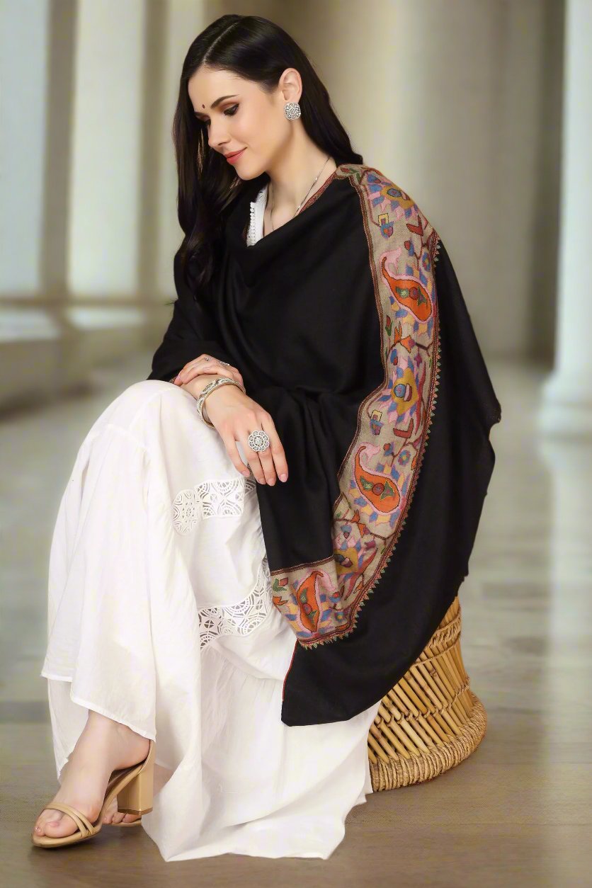 "KANI SHAWL - Black Kani Crafted in Flower Designs on the Pallas in All the Ravishing Colors of Nature is a Treasure Available Online at - CANADA - BRAZIL - GERMANY - SINGAPORE - NORWAY - INDIA - UK - AUSTRALIA - FRANCE - ITALY."