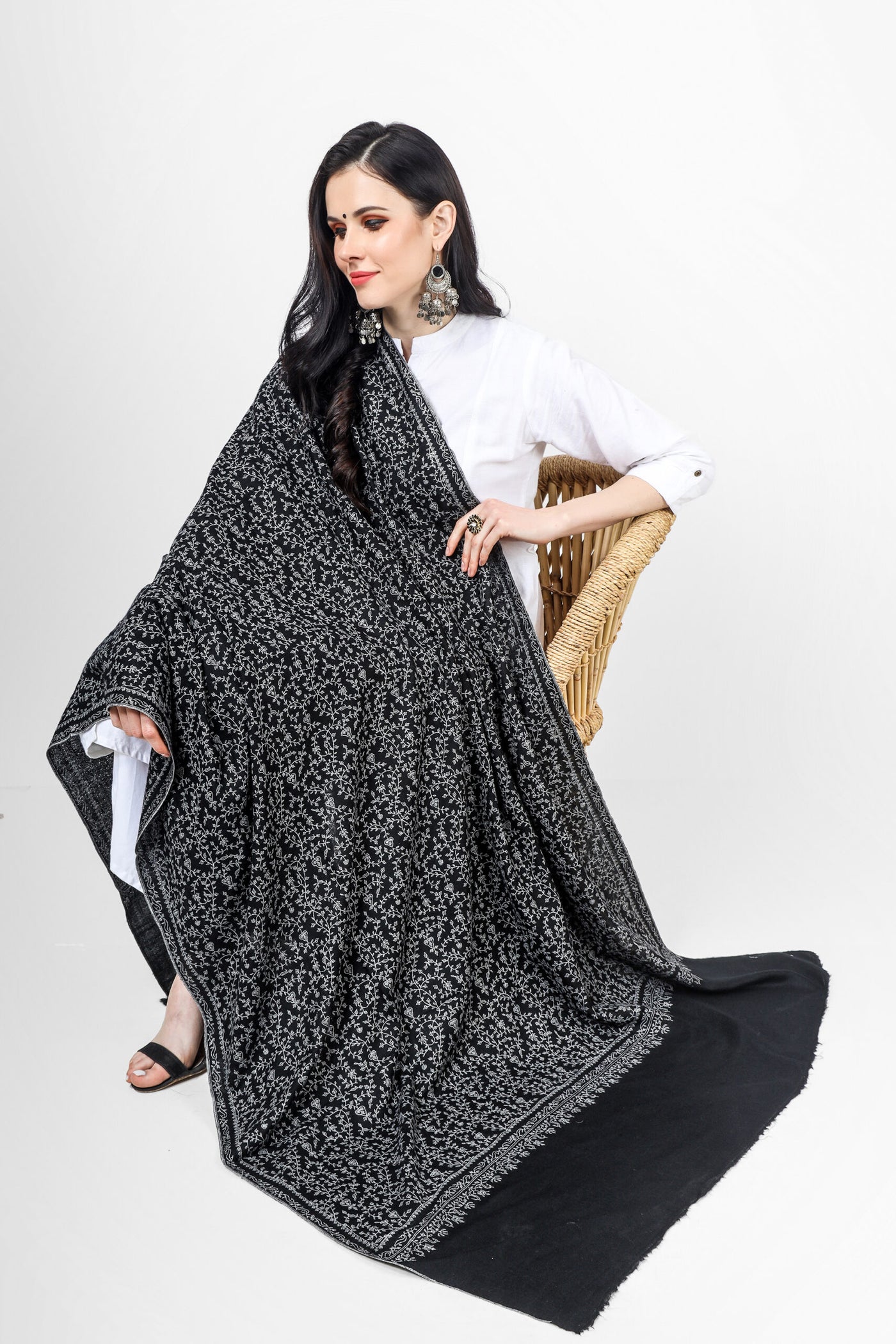 PASHMINA SHAWLS - Black Pashmina Jaldaar Silver Gray Embroidered Shawl. Elevate your style with this stunning accessory. Shop now at Kepra.
