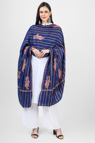 Blue Pashmina striped large  bootidaar shawl