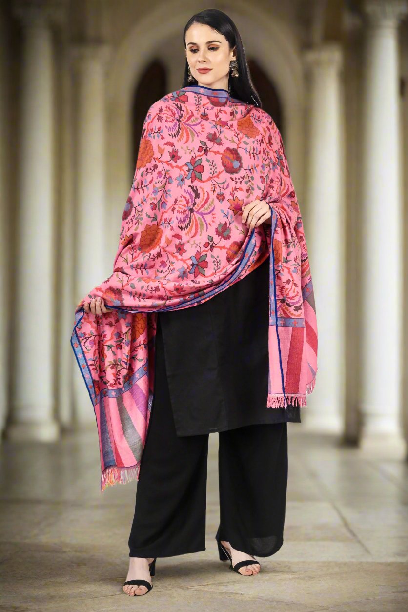 "KANI SHAWL - Blooming Almond Blossoms Designed Directly on a Pink Pashmina Shawl in Kani Pattern online available at - ITALY, SPAIN, SWITZERLAND, SOUTH AFRICA, NEW ZEALAND, SINGAPORE, MALAYSIA, CHINA, ARGENTINA, MEXICO."