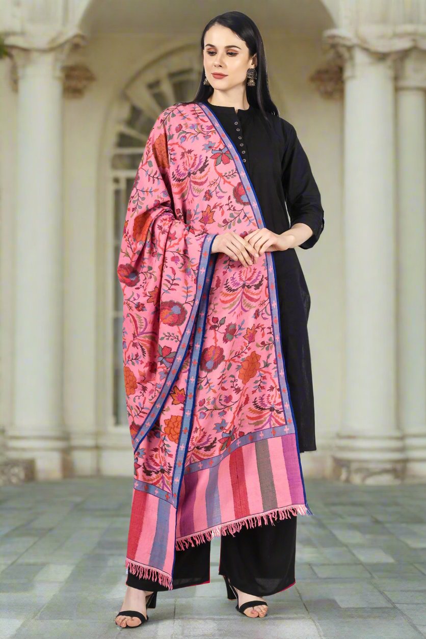 "KANI SHAWL - Blooming Almond Blossoms Designed Directly on a Pink Pashmina Shawl in Kani Pattern online available at - ITALY, SPAIN, SWITZERLAND, SOUTH AFRICA, NEW ZEALAND, SINGAPORE, MALAYSIA, CHINA, ARGENTINA, MEXICO."