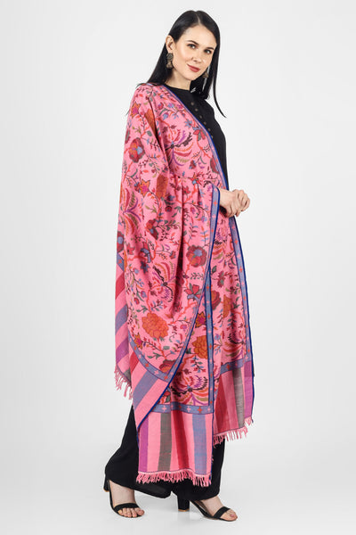 "KANI SHAWL - Blooming Almond Blossoms Designed Directly on a Pink Pashmina Shawl in Kani Pattern online available at - ITALY, SPAIN, SWITZERLAND, SOUTH AFRICA, NEW ZEALAND, SINGAPORE, MALAYSIA, CHINA, ARGENTINA, MEXICO."