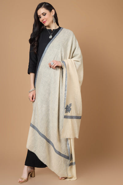 White gray work Pashmina hashidaar sozni shawl
