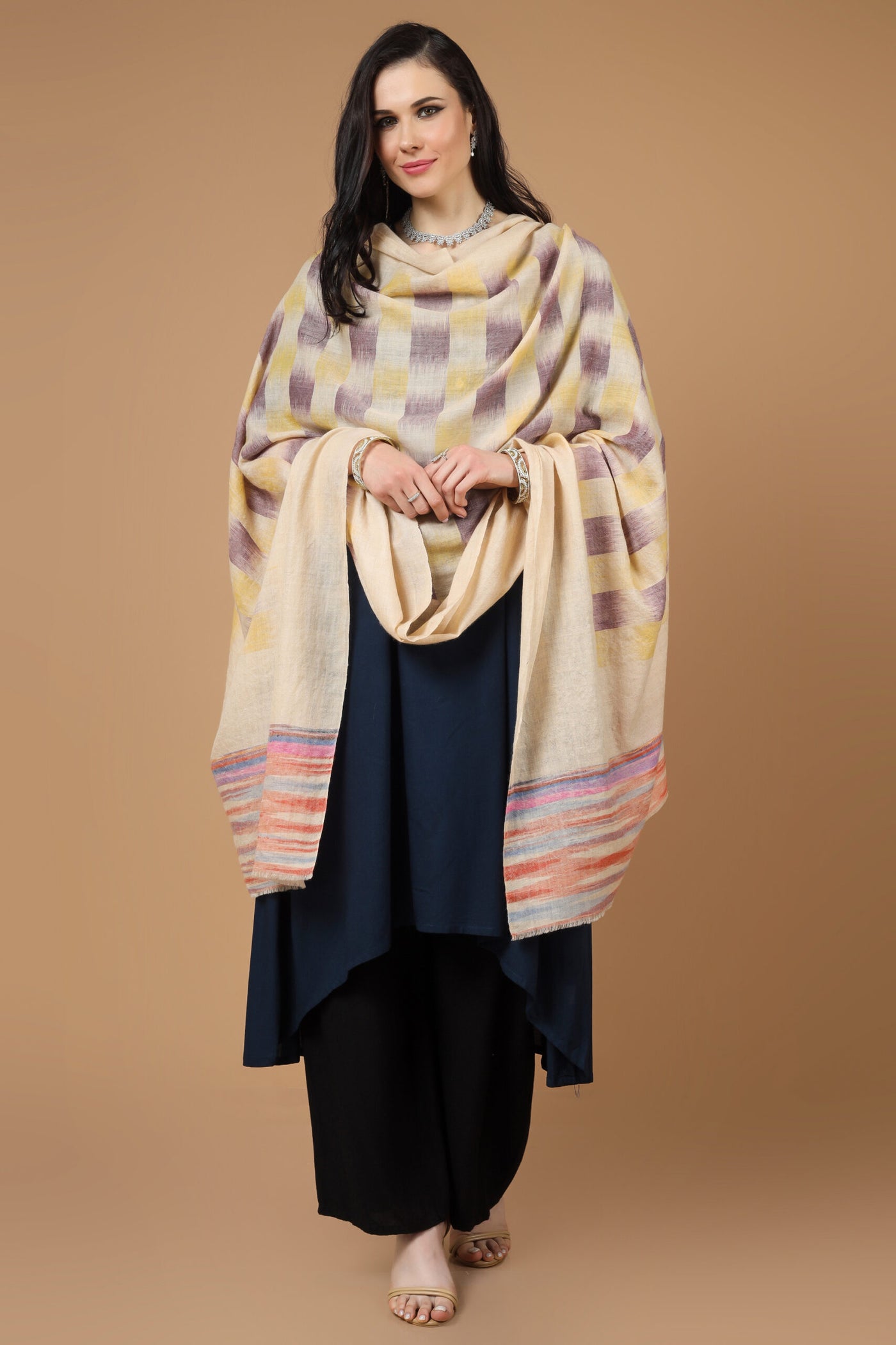 Purple yellow Pashmina ikkat shawl