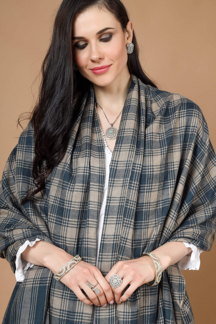 INDIA -  Pashmina Gray Blue Check Shawl INDIA -  Pashmina Gray Blue Check Shawl