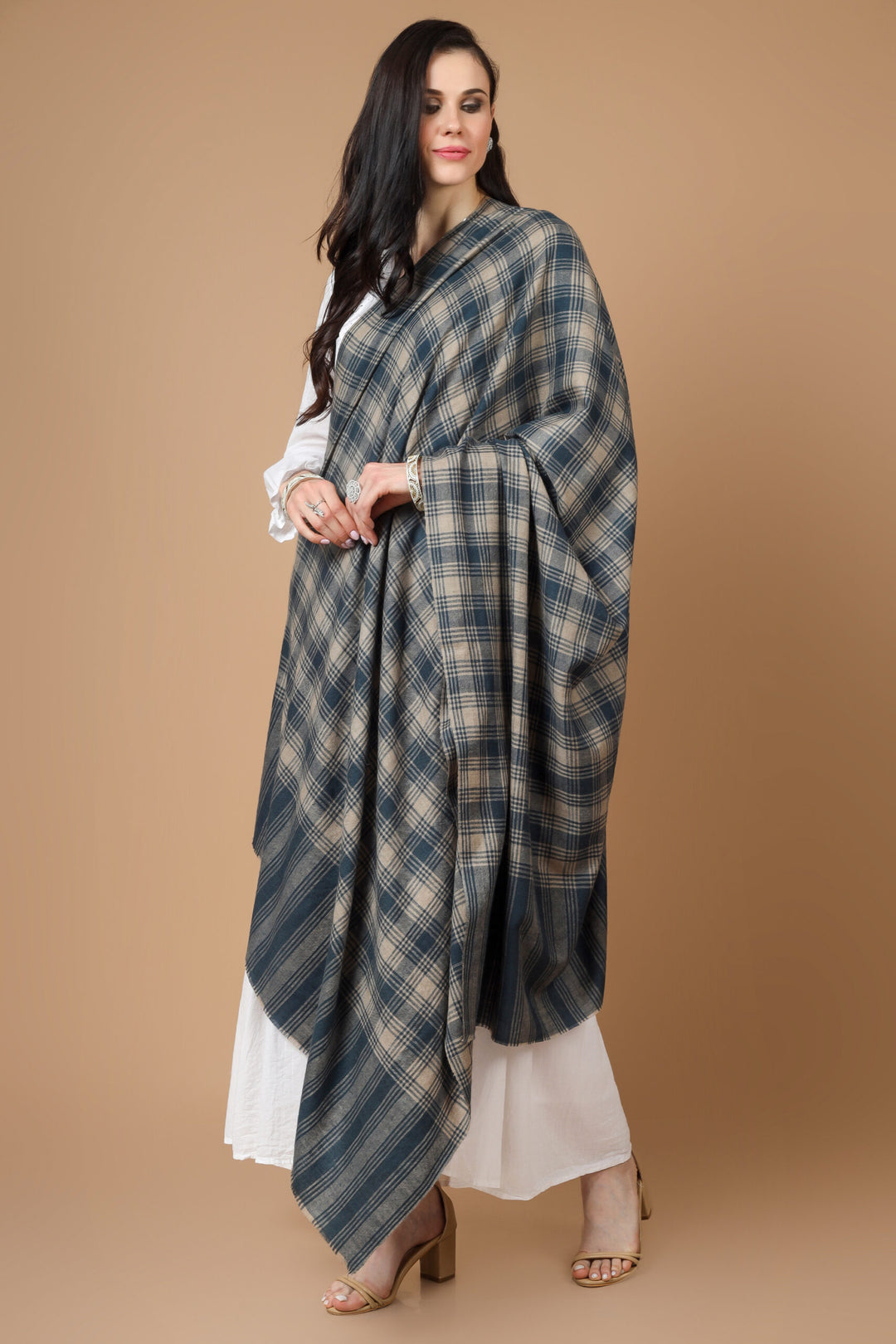 INDIA -  Pashmina Gray Blue Check Shawl - "Pashmina | Shop Authentic GI Certified Pashmina Shawls Online | Handmade Kashmiri Kani Shawls and Pure Luxury Cashmere Wraps"