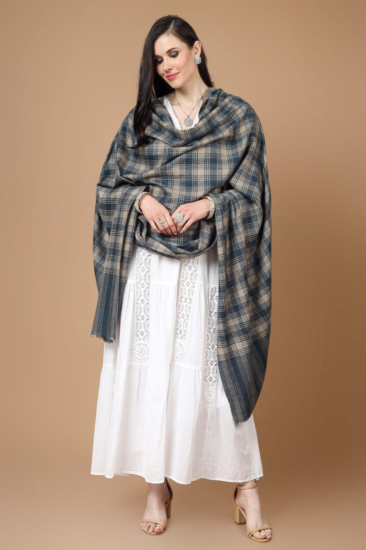 INDIA -  Pashmina Gray Blue Check Shawl INDIA -  Pashmina Gray Blue Check Shawl