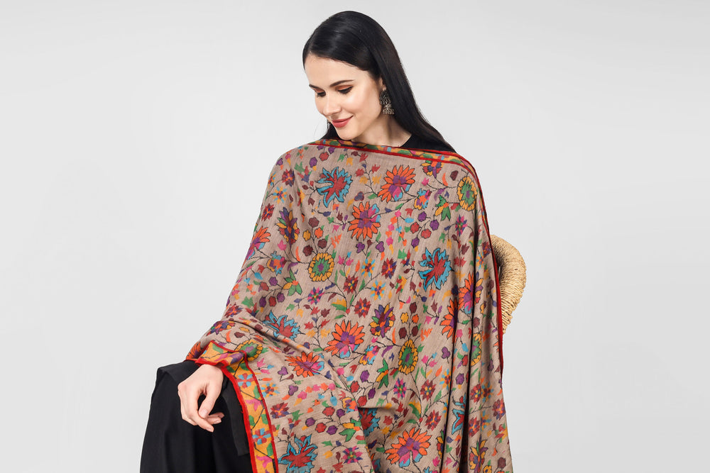 "KANI SHAWL - The Ravishing Shade of Natural (Khudrang) Woven with Dancing Florals and Nature's Colors in Splendid Kani Weave liked by these countries - USA, UK, GERMANY, UAE, INDIA, FRANCE, CANADA, AUSTRALIA, JAPAN, CHINA."
