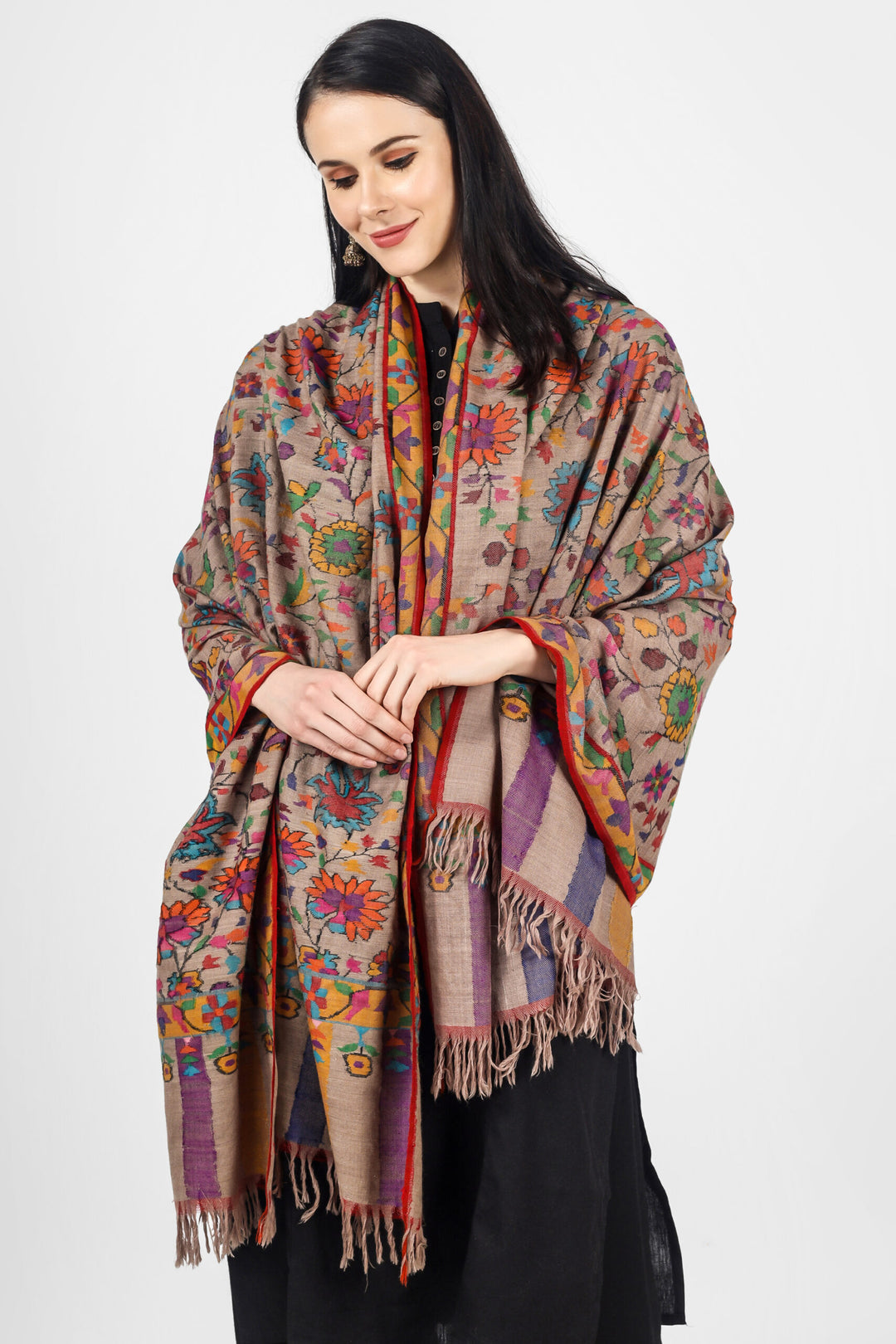 "KANI SHAWL - The Ravishing Shade of Natural (Khudrang) Woven with Dancing Florals and Nature's Colors in Splendid Kani Weave liked by these countries - USA, UK, GERMANY, UAE, INDIA, FRANCE, CANADA, AUSTRALIA, JAPAN, CHINA."