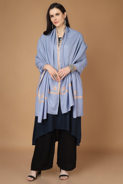 NMACC-MUMBAI - PASHMINA -Pashmina shawl light gray with Brown hashidaar sozni shawl