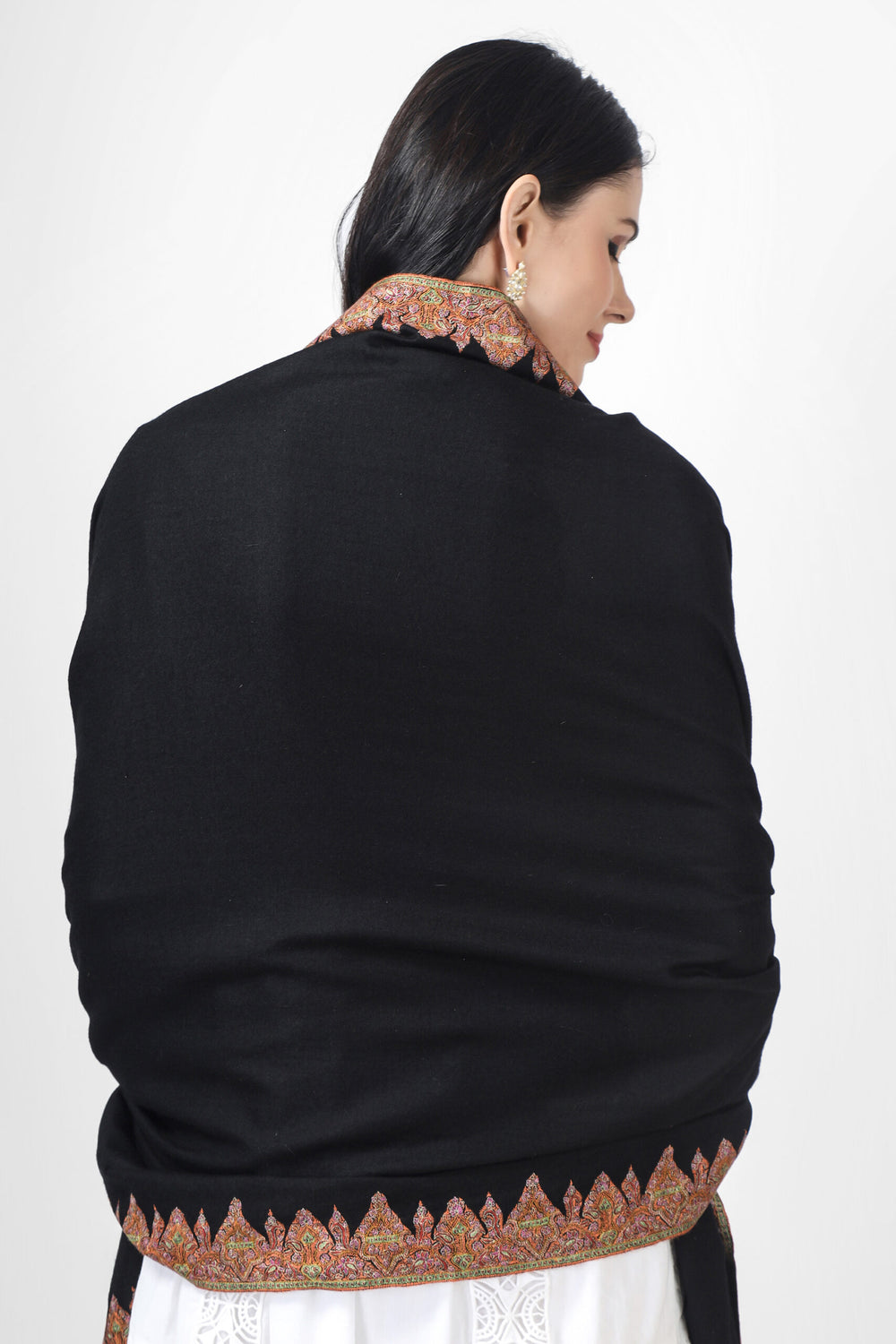 PASHMINA INDIA -Black  Ali design Pashmina Border sozni shawl