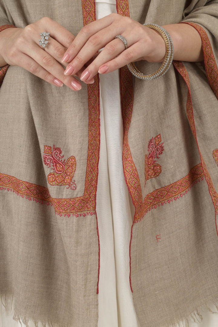 Close-up of paisley embroidery and border detailing on a natural Pashmina shawl
    
      | pashmina shawls online | authentic Kashmiri pashmina shawl online | pure pashmina shawl online | original GI certified pashmina shawl online | luxury men's pashmina shawl online from Kashmir | where to buy online pure pashmina in India
    
    | GI Tag Certified - Government-verified authentic Kashmiri Pashmina
    | G20 Official Partner - Selected by India for G20 Summit gifting
    | Handicraft Registered - Official recognition of traditional craftsmanship
    | Certificate of Authenticity - Every purchase includes GI certification