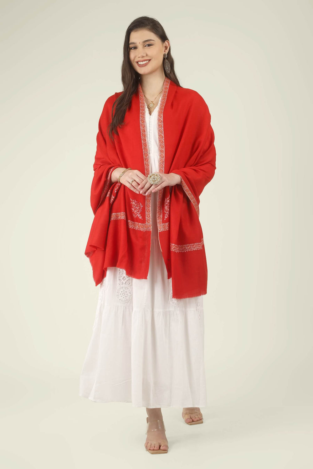 The saturated red tone is beautifully softened by the pink and cream embroidery, creating a look that is festive, graceful and timeless. It pairs effortlessly with white, ivory, cream, black, gold, beige and soft pastel outfits.