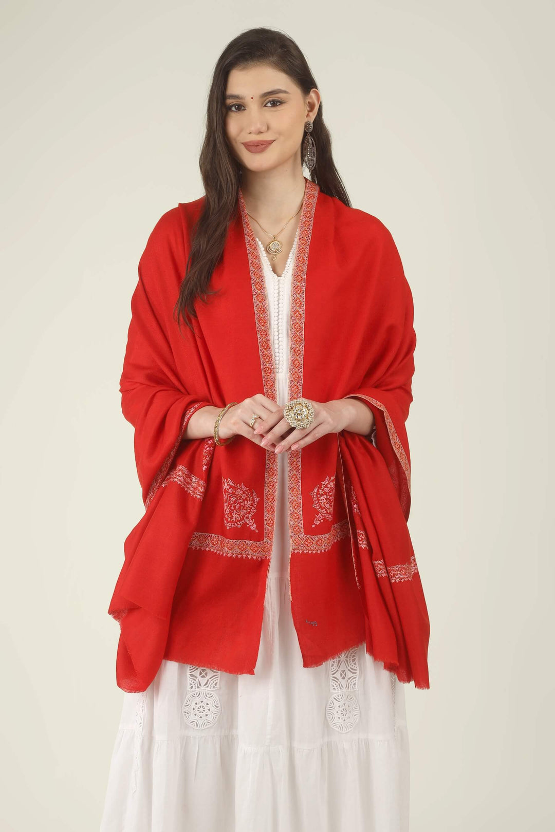 The saturated red tone is beautifully softened by the pink and cream embroidery, creating a look that is festive, graceful and timeless. It pairs effortlessly with white, ivory, cream, black, gold, beige and soft pastel outfits.