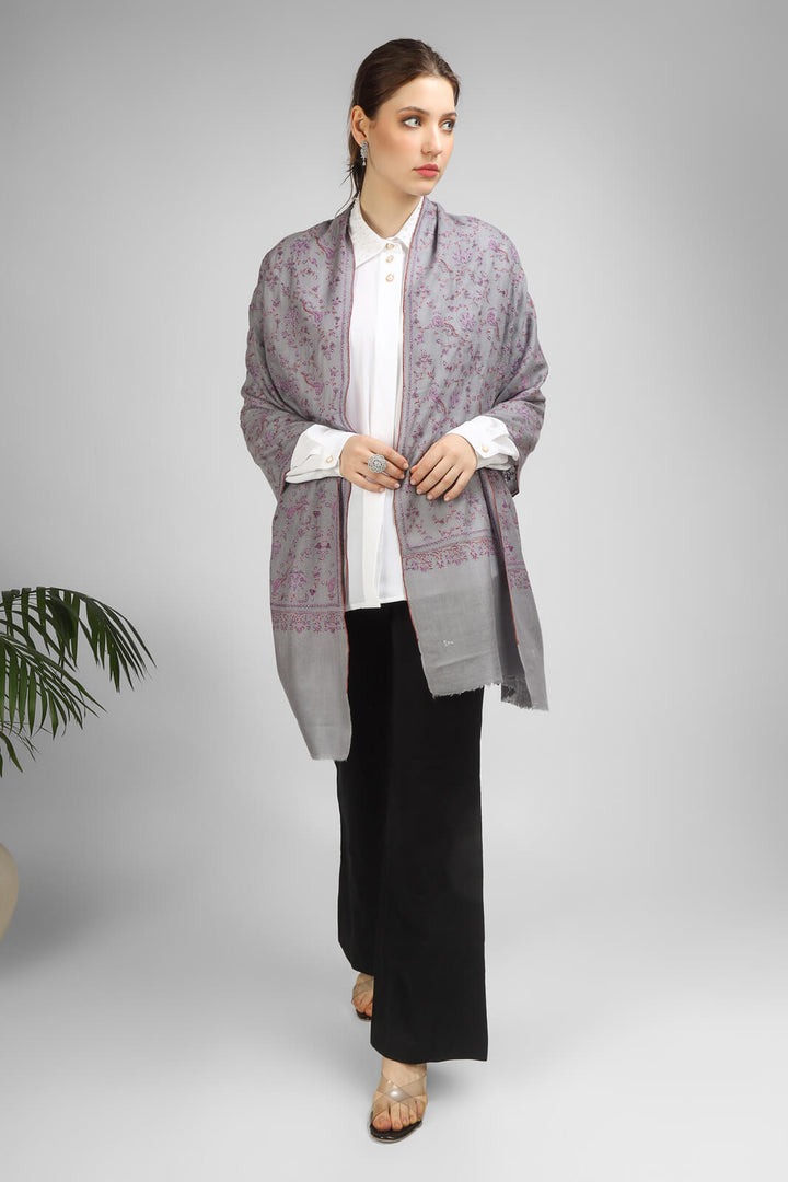 PASHMINA EMBROIDERY STOLE-Gray Pashmina Jaldaar stole,--We deliver to United States, China, Japan, Germany, United Kingdom, France, Canada, South Korea, Australia, and Switzerland.