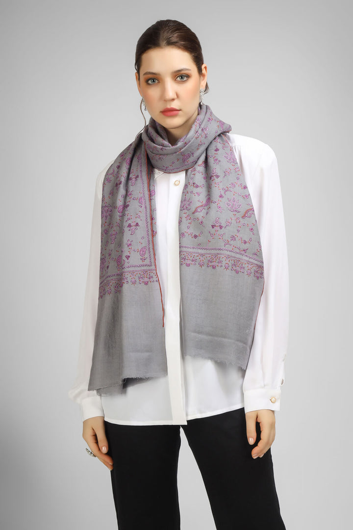 PASHMINA EMBROIDERY STOLE-Gray Pashmina Jaldaar stole,--We deliver to United States, China, Japan, Germany, United Kingdom, France, Canada, South Korea, Australia, and Switzerland.