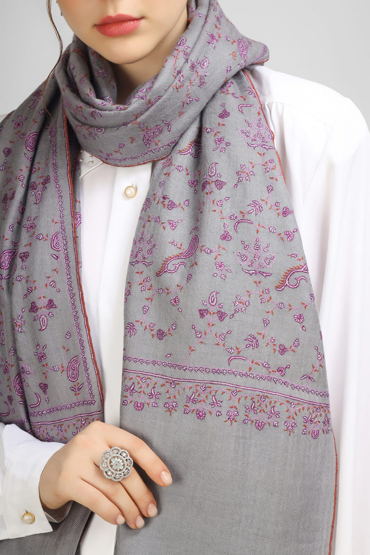 PASHMINA EMBROIDERY STOLE-Gray Pashmina Jaldaar stole,--We deliver to United States, China, Japan, Germany, United Kingdom, France, Canada, South Korea, Australia, and Switzerland.