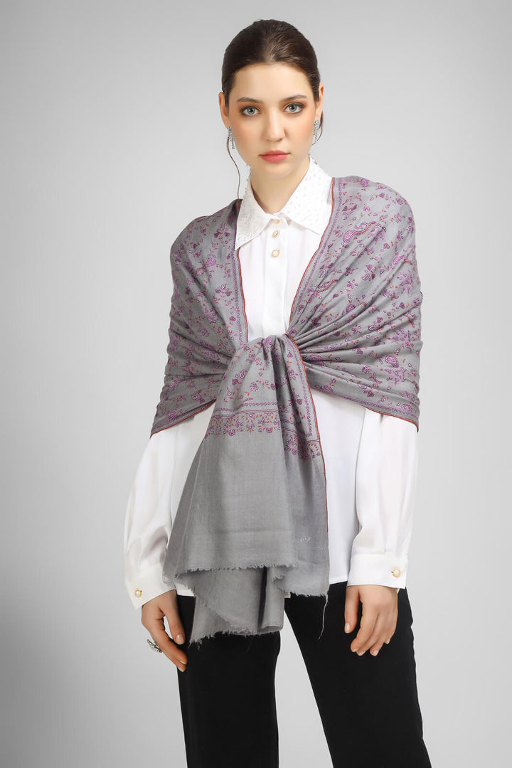 PASHMINA EMBROIDERY STOLE-Gray Pashmina Jaldaar stole,--We deliver to United States, China, Japan, Germany, United Kingdom, France, Canada, South Korea, Australia, and Switzerland.