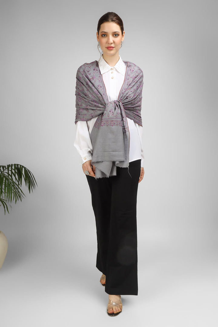 PASHMINA EMBROIDERY STOLE-Gray Pashmina Jaldaar stole,--We deliver to United States, China, Japan, Germany, United Kingdom, France, Canada, South Korea, Australia, and Switzerland.