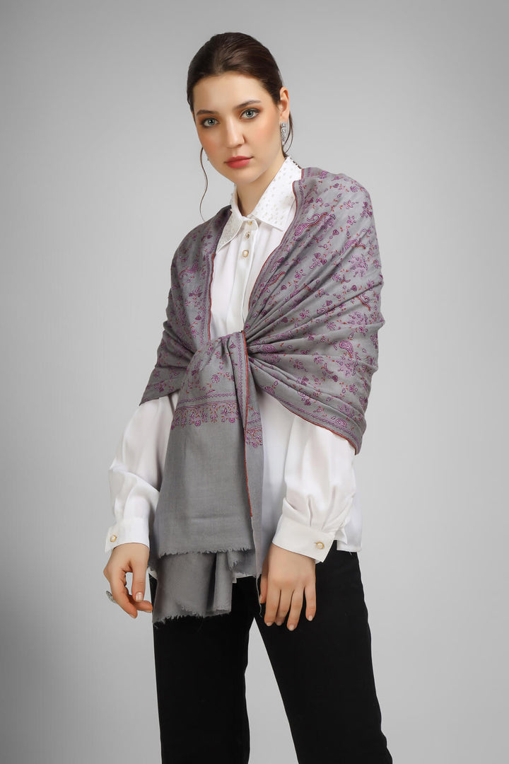 PASHMINA EMBROIDERY STOLE-Gray Pashmina Jaldaar stole,--We deliver to United States, China, Japan, Germany, United Kingdom, France, Canada, South Korea, Australia, and Switzerland.