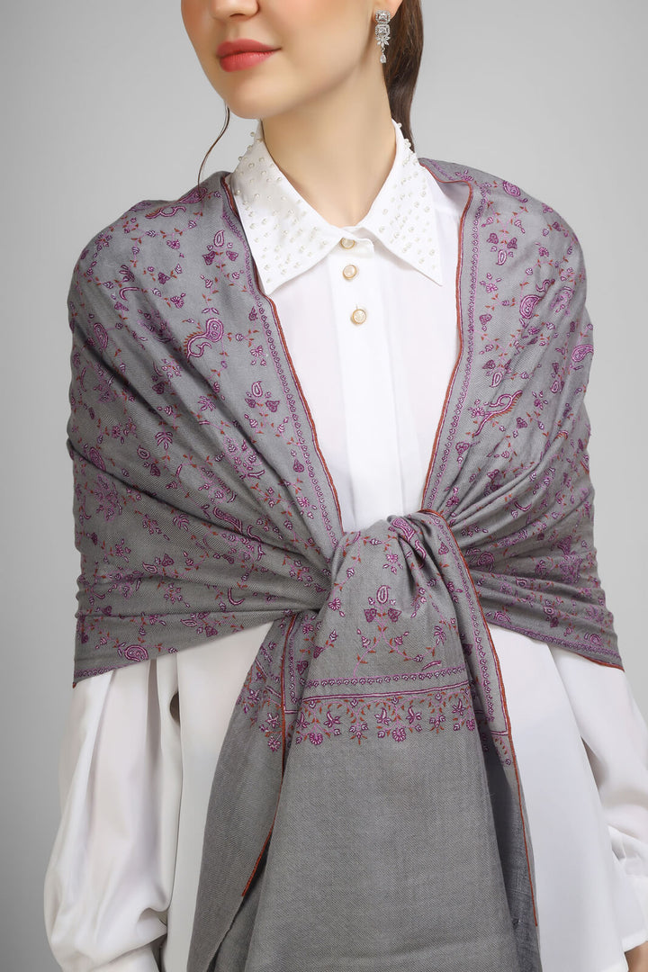 PASHMINA EMBROIDERY STOLE-Gray Pashmina Jaldaar stole,--We deliver to United States, China, Japan, Germany, United Kingdom, France, Canada, South Korea, Australia, and Switzerland.