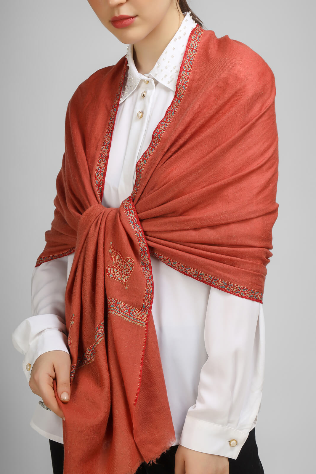 PASHMINA EMBROIDERY STOLE - Persian Red Pashmina stole, adorned with hashidaar embroidery and sozni detailing free shipping - United States China Japan Germany United Kingdom France Canada South Korea Australia Switzerland