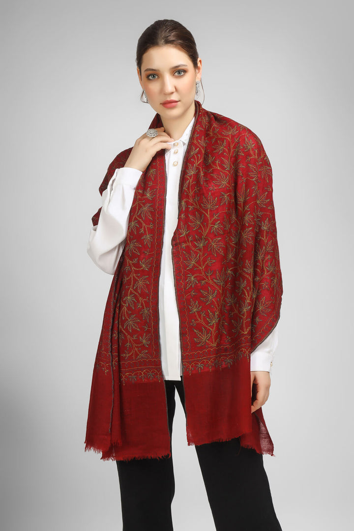 PASHMINA EMBROIDERY STOLE - Maroon Pashmina Jaldaar stole - We deliver to United States, China, Japan, Germany, United Kingdom, France, Canada, South Korea, Australia, and Switzerland.