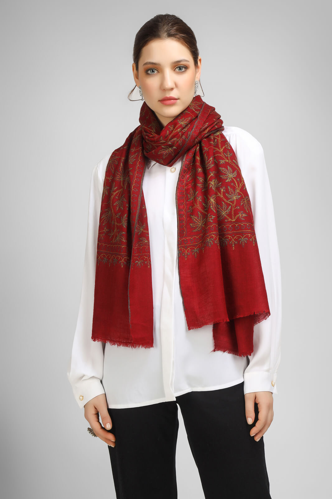 PASHMINA EMBROIDERY STOLE - Maroon Pashmina Jaldaar stole -  We deliver to United States, China, Japan, Germany, United Kingdom, France, Canada, South Korea, Australia, and Switzerland.