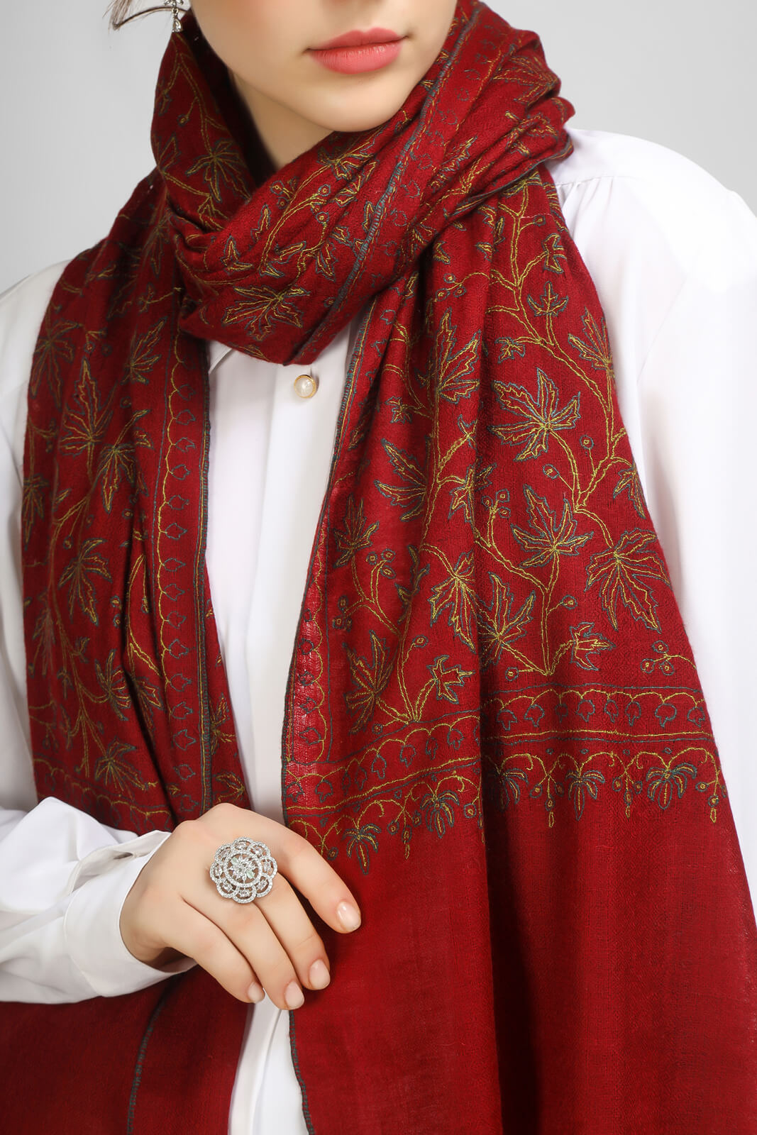 PASHMINA EMBROIDERY STOLE - Maroon Pashmina Jaldaar stole - We deliver to United States, China, Japan, Germany, United Kingdom, France, Canada, South Korea, Australia, and Switzerland.