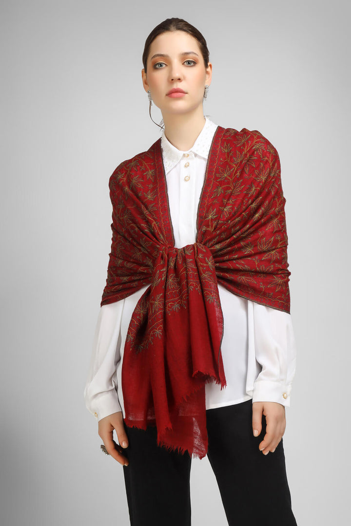 PASHMINA EMBROIDERY STOLE - Maroon Pashmina Jaldaar stole - We deliver to United States, China, Japan, Germany, United Kingdom, France, Canada, South Korea, Australia, and Switzerland.