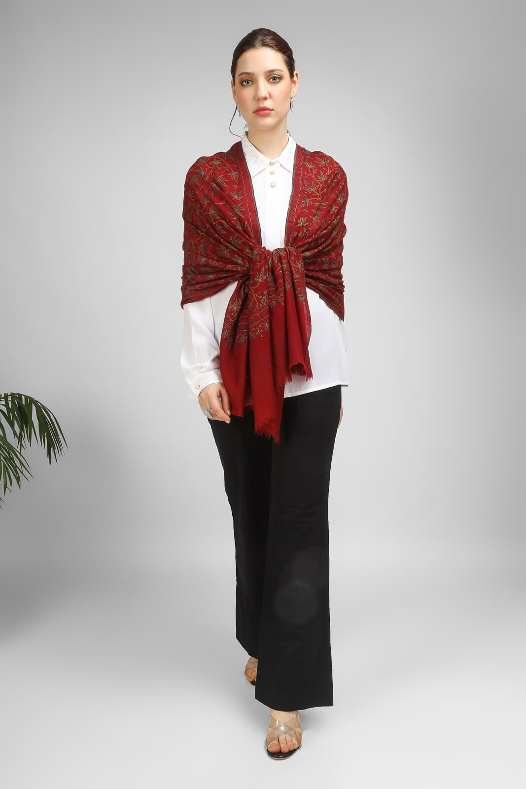 PASHMINA EMBROIDERY STOLE - Maroon Pashmina Jaldaar stole - We deliver to United States, China, Japan, Germany, United Kingdom, France, Canada, South Korea, Australia, and Switzerland.