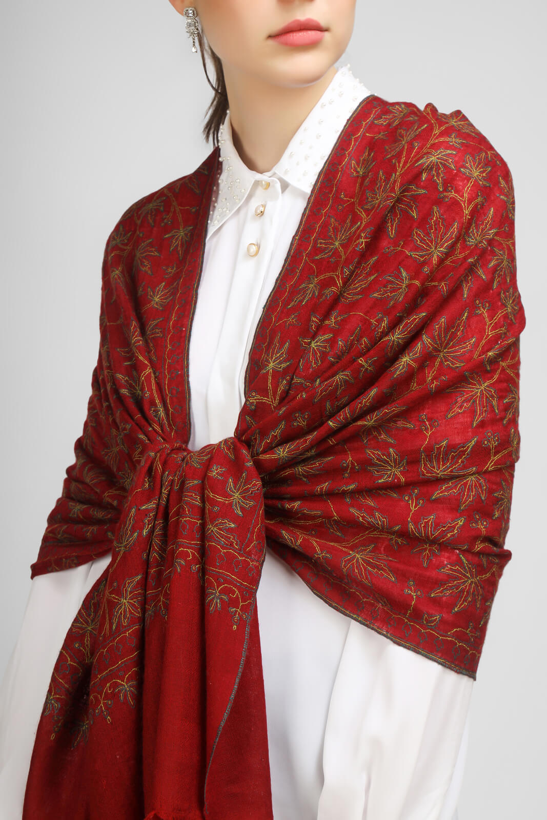 PASHMINA EMBROIDERY STOLE - Maroon Pashmina Jaldaar stole - We deliver to United States, China, Japan, Germany, United Kingdom, France, Canada, South Korea, Australia, and Switzerland.