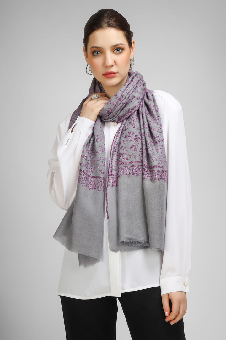 PASHMINA EMBROIDERY STOLE - Gray Pashmina Jaldaar stole, featuring regal purple embroidery and Sozni detailing -   We deliver to United States, China, Japan, Germany, United Kingdom, France, Canada, South Korea, Dubai, Kuwait