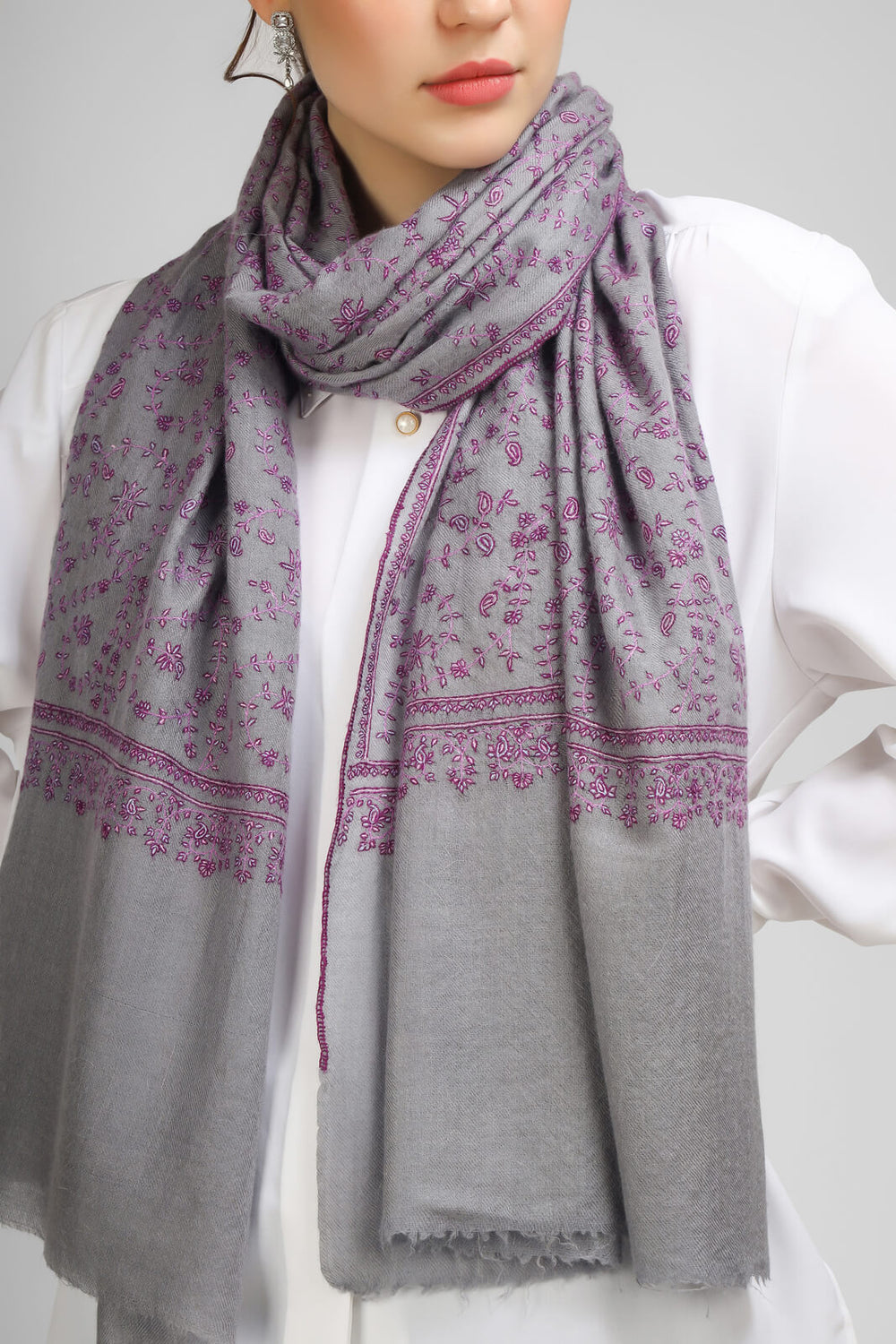 PASHMINA EMBROIDERY STOLE - Gray Pashmina Jaldaar stole, featuring regal purple embroidery and Sozni detailing - We deliver to United States, China, Japan, Germany, United Kingdom, France, Canada, South Korea, Dubai, Kuwait