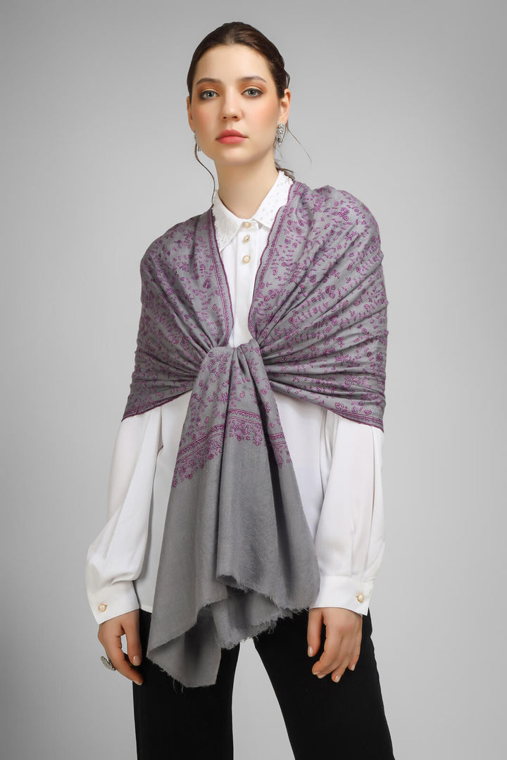 PASHMINA EMBROIDERY STOLE - Gray Pashmina Jaldaar stole, featuring regal purple embroidery and Sozni detailing - We deliver to United States, China, Japan, Germany, United Kingdom, France, Canada, South Korea, Dubai, Kuwait