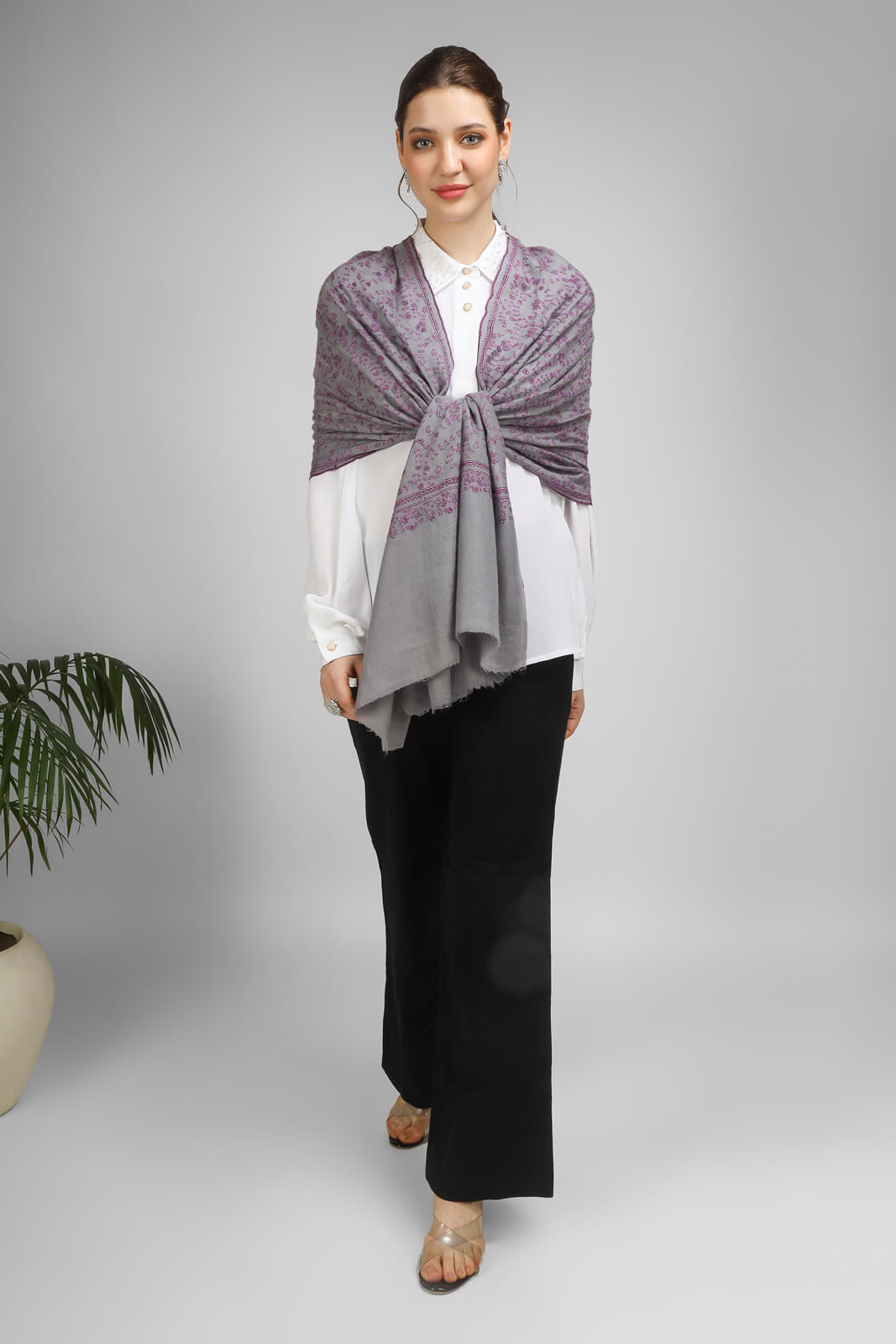 PASHMINA EMBROIDERY STOLE - Gray Pashmina Jaldaar stole, featuring regal purple embroidery and Sozni detailing - We deliver to United States, China, Japan, Germany, United Kingdom, France, Canada, South Korea, Dubai, Kuwait