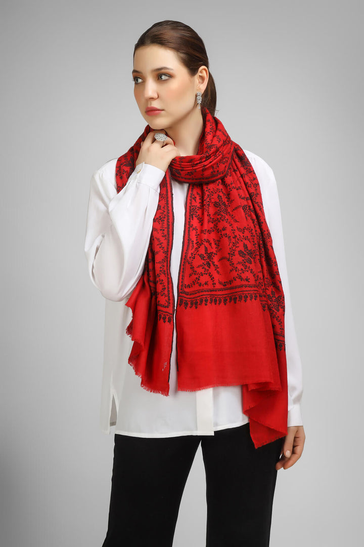 PASHMINA EMBROIDERY STOLE - Red Pashmina Jaldaar stole, boasting intricate black Sozni embroidery - We deliver to United States, China, Japan, Germany, United Kingdom, France, Canada, South Korea, Australia, and Switzerland.