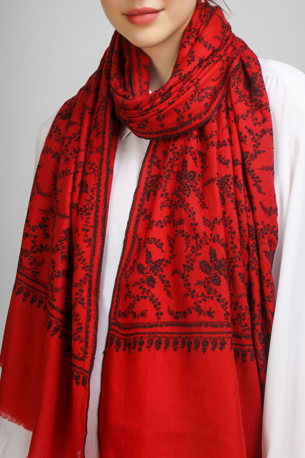 PASHMINA EMBROIDERY STOLE - Red Pashmina Jaldaar stole, boasting intricate black Sozni embroidery - We deliver to United States, China, Japan, Germany, United Kingdom, France, Canada, South Korea, Australia, and Switzerland.