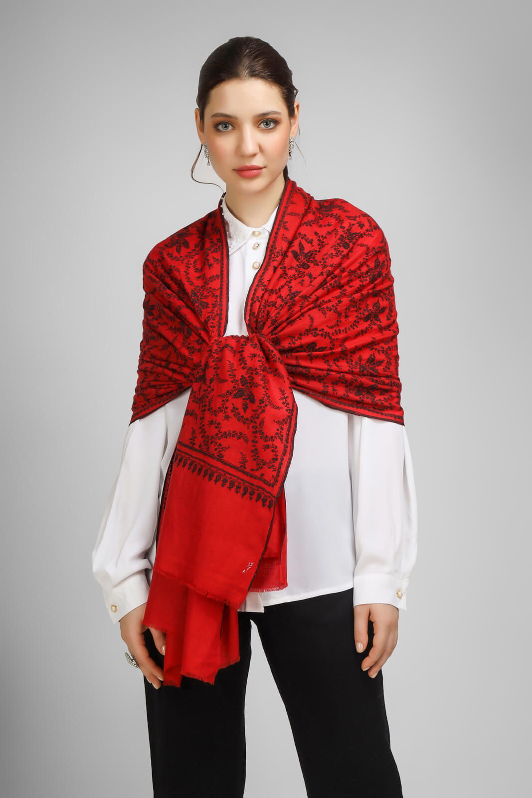 PASHMINA EMBROIDERY STOLE -  Red Pashmina Jaldaar stole, boasting intricate black Sozni embroidery - We deliver to United States, China, Japan, Germany, United Kingdom, France, Canada, South Korea, Australia, and Switzerland.