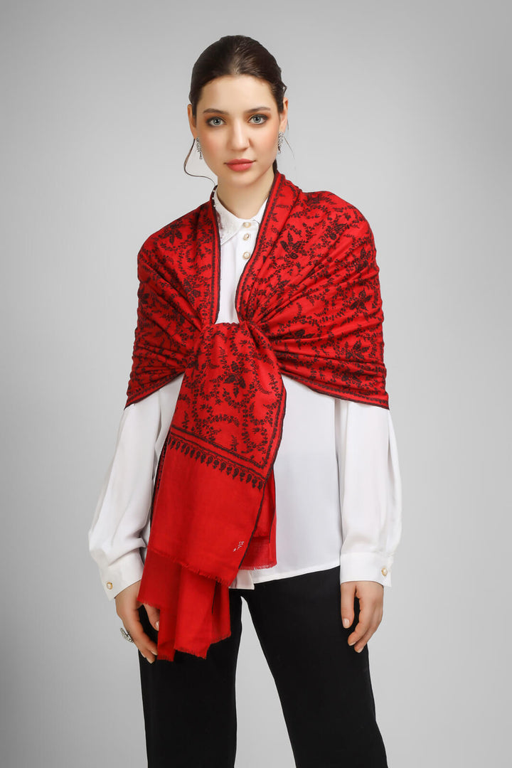 PASHMINA EMBROIDERY STOLE -  Red Pashmina Jaldaar stole, boasting intricate black Sozni embroidery - We deliver to United States, China, Japan, Germany, United Kingdom, France, Canada, South Korea, Australia, and Switzerland.