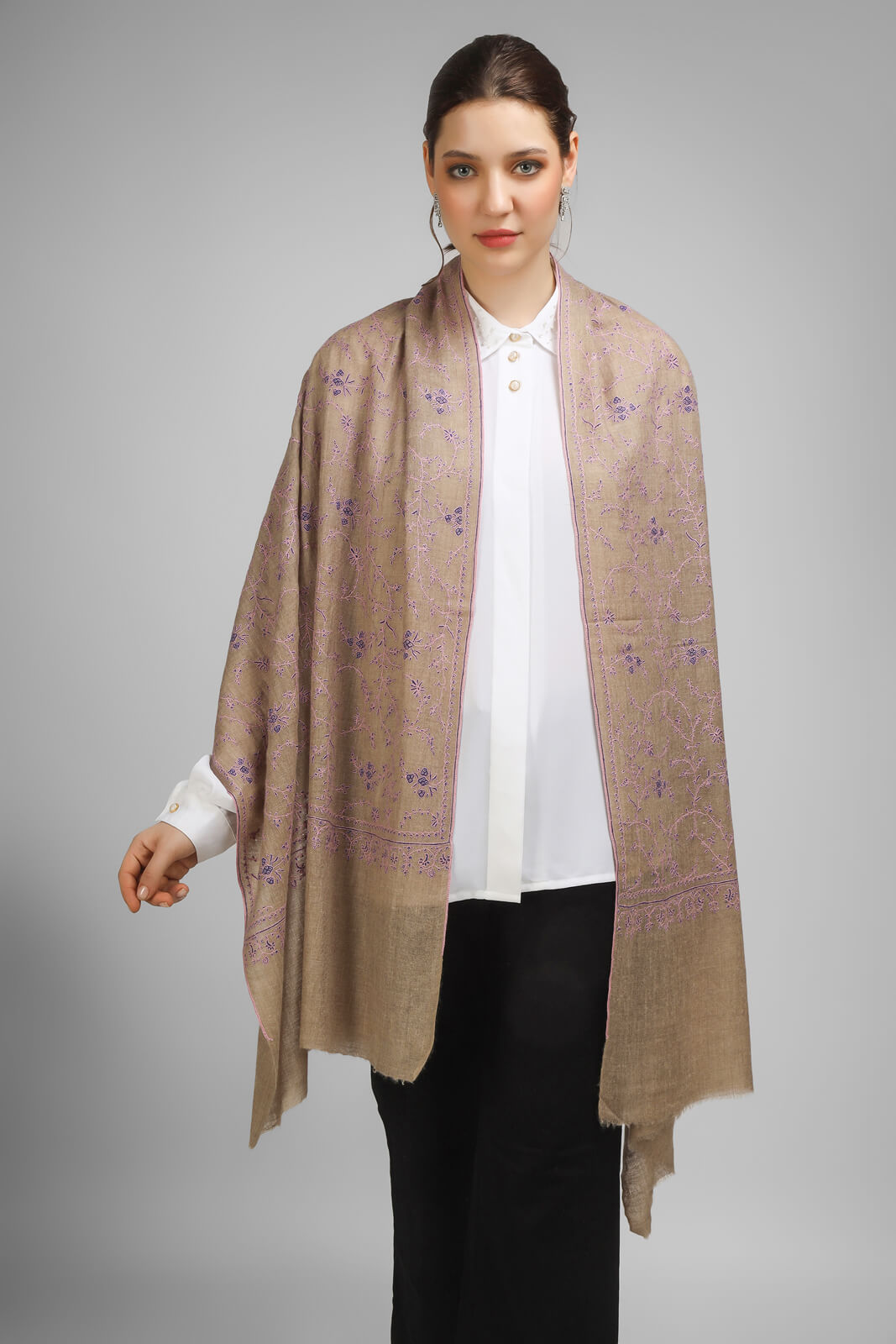 PASHMINA EMBROIDERY STOLE -  Natural Pashmina Jaldaar with a Purple embroidery stole,- We deliver to United States, China, Japan, Germany, United Kingdom, France, Canada, South Korea, Australia, and Switzerland.