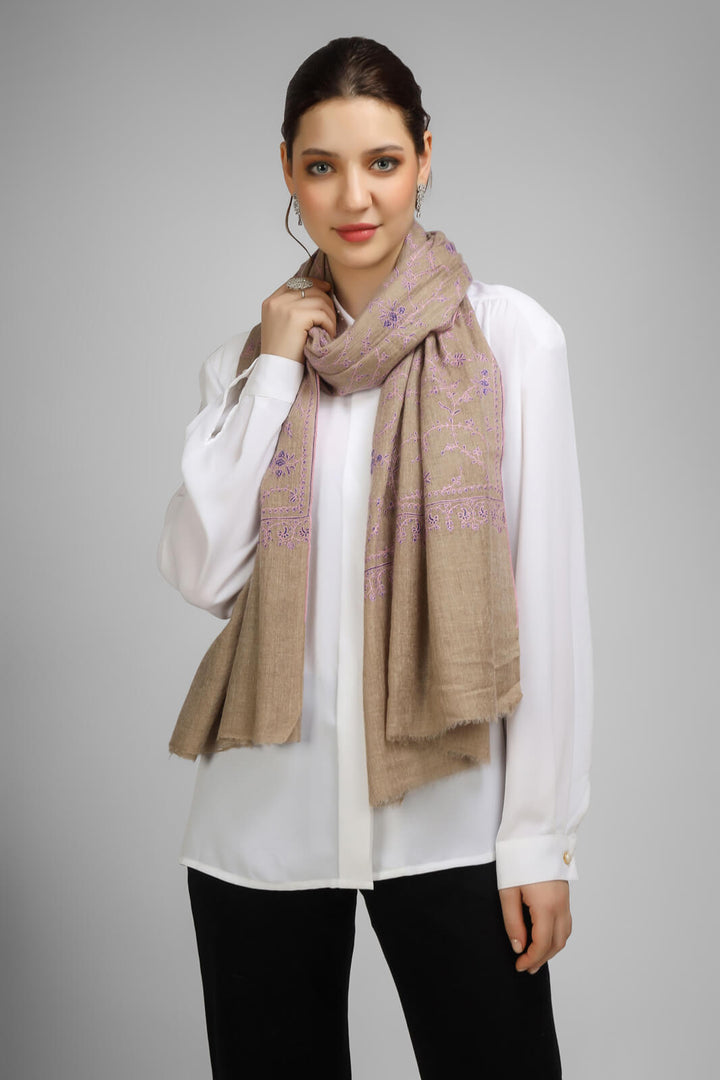 PASHMINA EMBROIDERY STOLE - Natural Pashmina Jaldaar with a Purple embroidery stole,- We deliver to United States, China, Japan, Germany, United Kingdom, France, Canada, South Korea, Australia, and Switzerland.